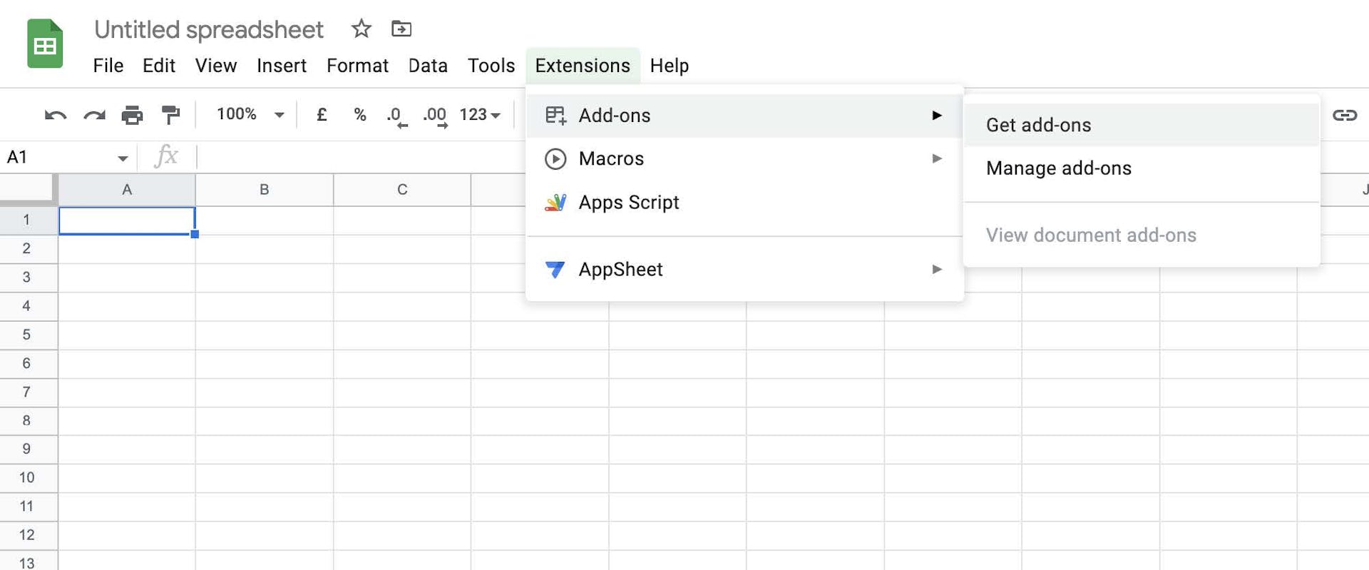 A screenshot of Google Sheets with the Add-ons menu pane open
