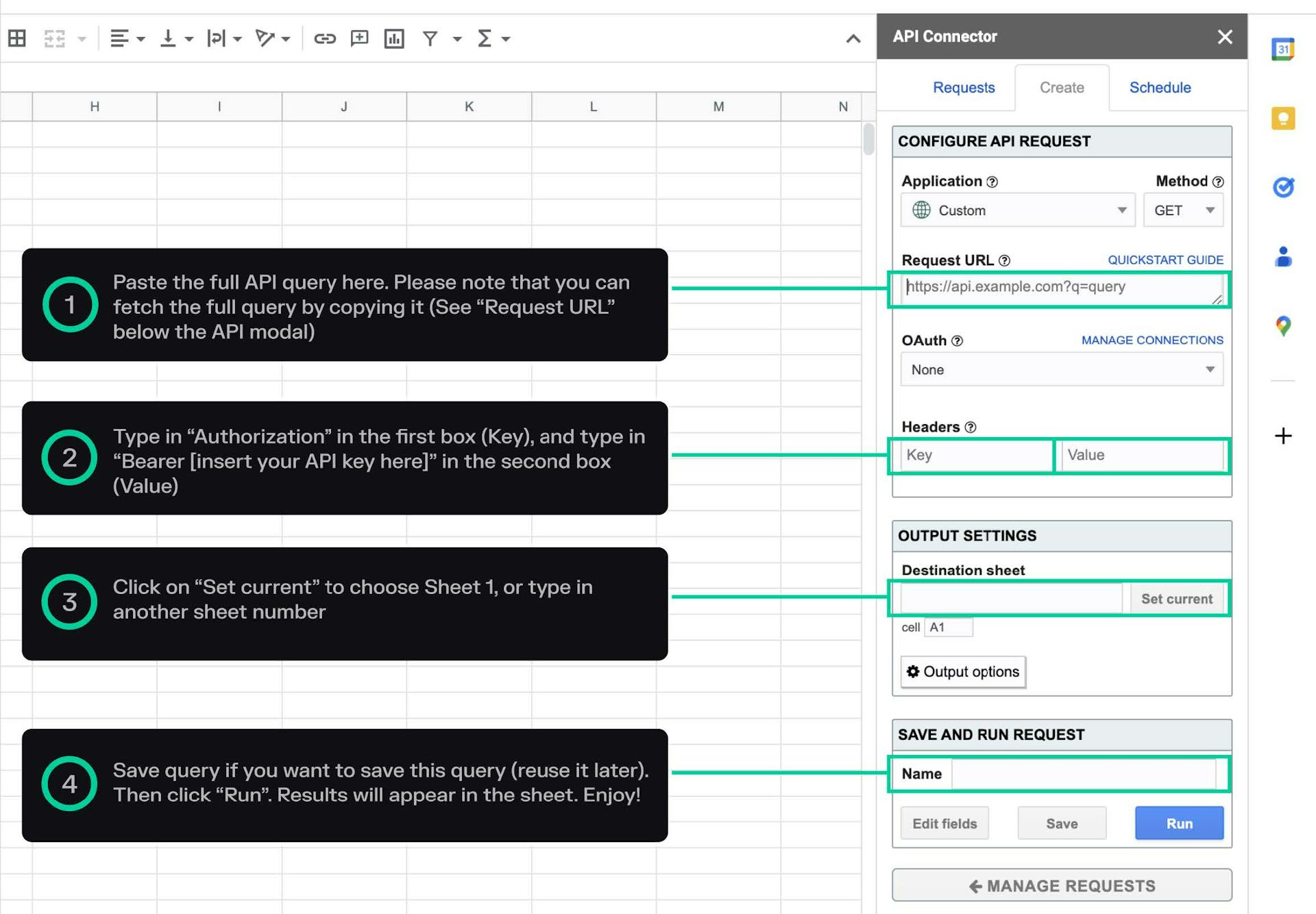 A screenshot of Google Sheets with the connector api open with steps on how to configure it