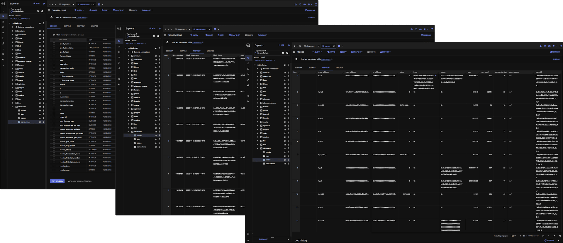 Explore transaction-level data for zkSync in raw, decoded, and standardized formats in Datashare, accessible via Google BigQuery.