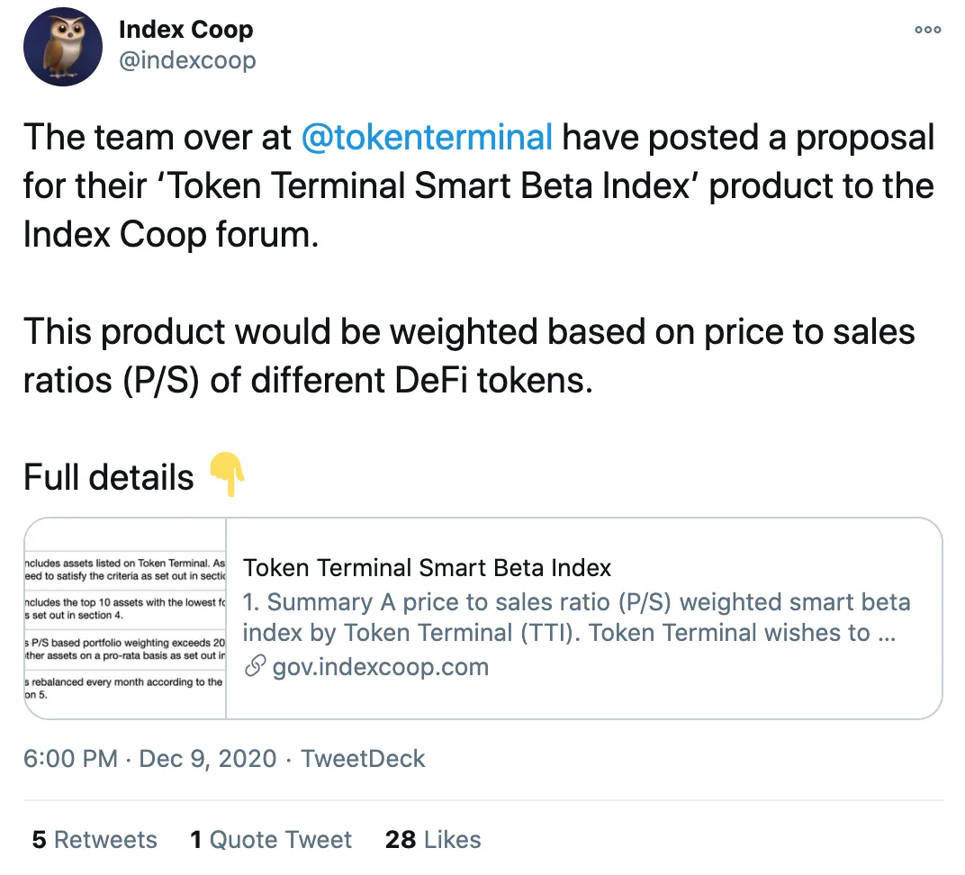 Tweet by Index Coop about the Token Terminal Smart Beta Index proposal on the Index Coop forum