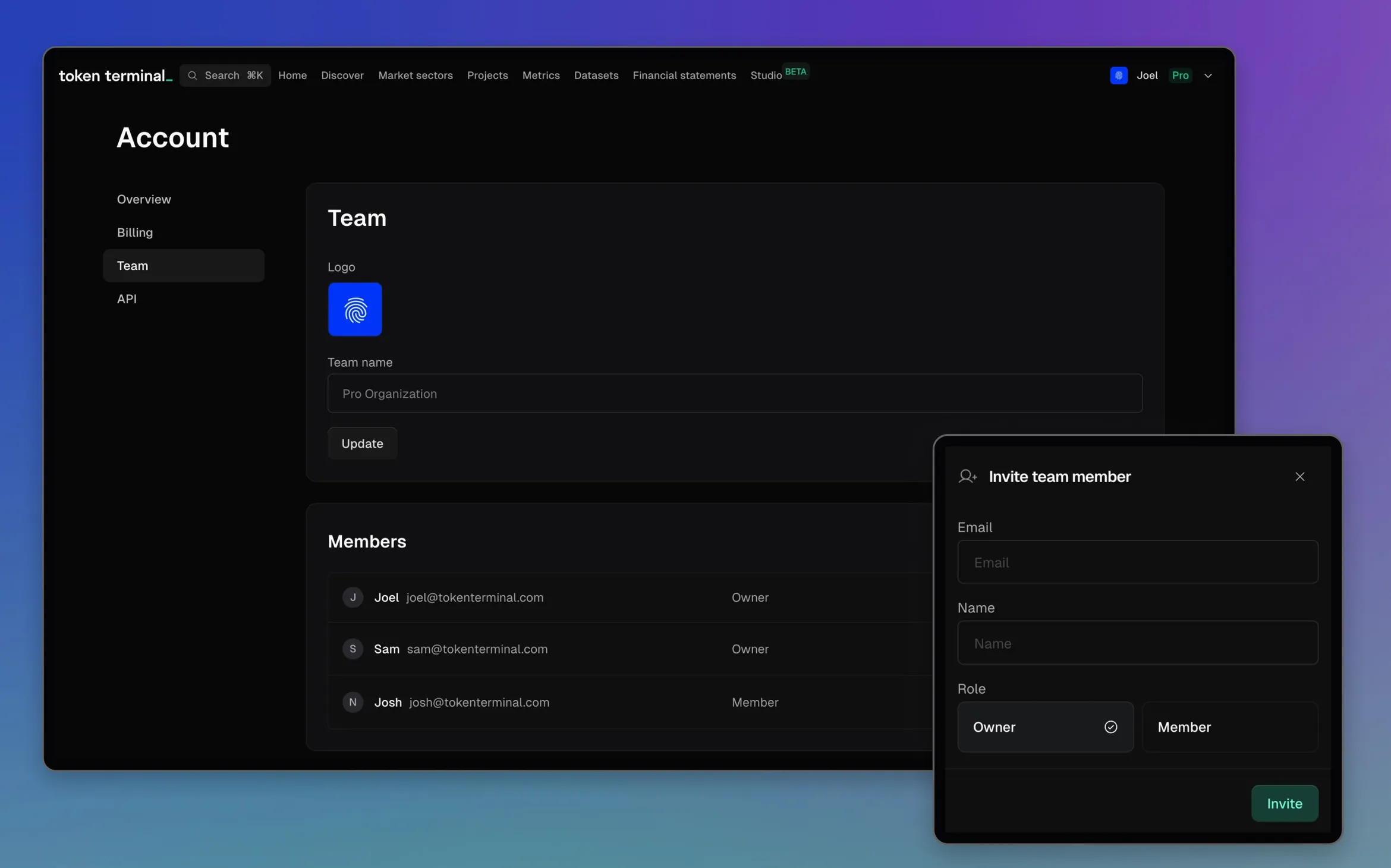A screenshot of Token Terminal's Teams feature