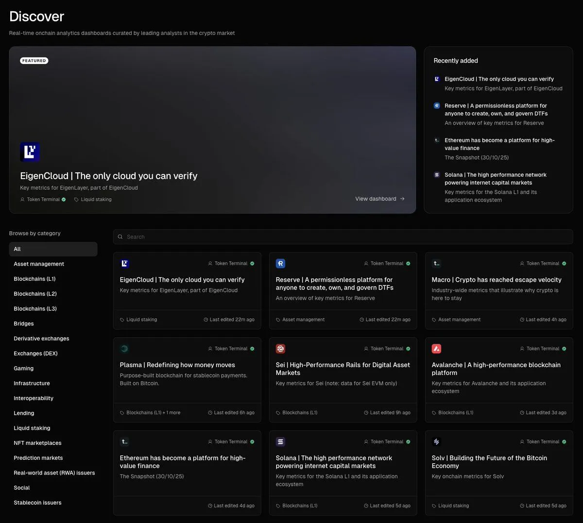 Screenshot of the Token Terminal Discover page with the EigenCloud dashboard as the featured dashboard